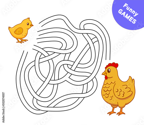 Game for kids with maze. Hand drawn cute chicken and chick vector illustration. Cartoon farm birds isolated on white background.