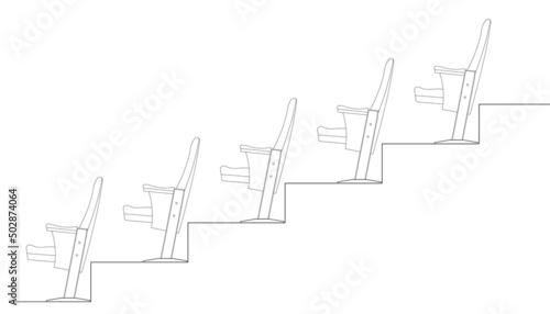 Side elevation of an auditorium or cinema seats installed on the terraced floor to provide a clear view to the audience. 2D CAD drawing in black and white.