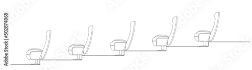 Side elevation of an auditorium or cinema seats installed on the terraced floor to provide a clear view to the audience. 2D CAD drawing in black and white.