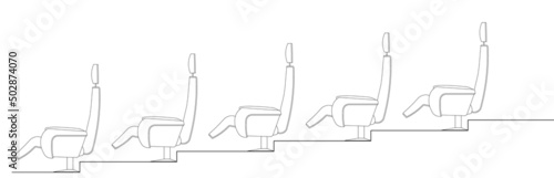Side elevation of an auditorium or cinema seats installed on the terraced floor to provide a clear view to the audience. 2D CAD drawing in black and white.