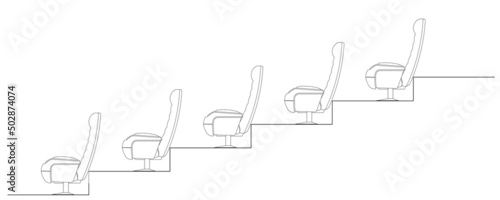 Side elevation of an auditorium or cinema seats installed on the terraced floor to provide a clear view to the audience. 2D CAD drawing in black and white.