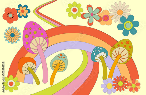 Groovy poster 70s. Retro print with hippie elements. Cartoon psychedelic landscape with hippy flowers daisy  rainbow and mushrooms