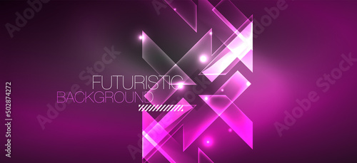 Background wallpaper neon glowing lines and geometric shapes. Dark wallpaper for concept of AI technology, blockchain, communication, 5G, science, business and technology