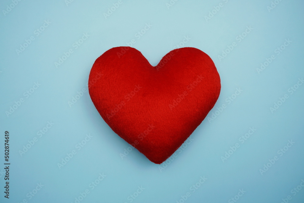 Top view Red Heart on blue background Top view Red Heart on blue background