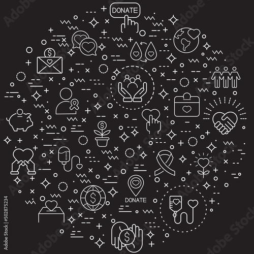 Simple Set of donation and Charity Related Vector Line Illustration. Contains such Icons as blood, heart, save world, love, cross, ribbon, care, volunteer, fund, donor and Other Elements.