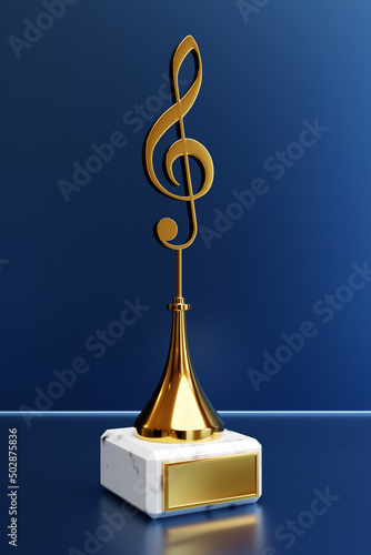 Golden music award with a treble clef on a blue background, 3d illustration