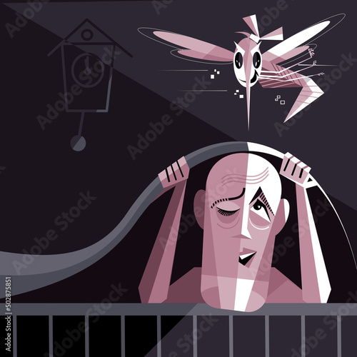 A man hid under a blanket from a mosquito. Vector illustration. Caricature.