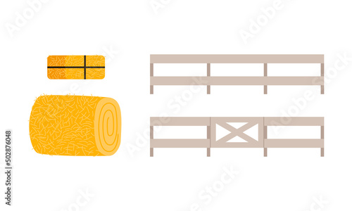 Dry Rolled Hay and Fence or Hedge Border Vector Illustration Set
