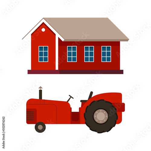 Red Country House Exterior and Tractor Machinery Vector Illustration Set