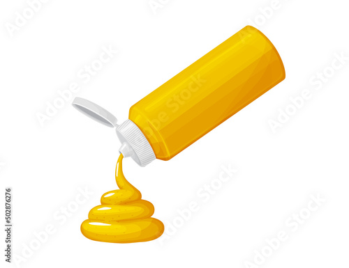 Yellow mustard sauce in bottle with swirl.Cartoon illustration