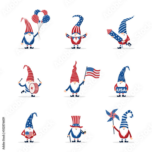 Patriotic american gnomes celebrate Independence day in the United States. Set of cute scandinavian elves with festive 4 of july elements. National freedom day. Vector illustration in cartoon style.