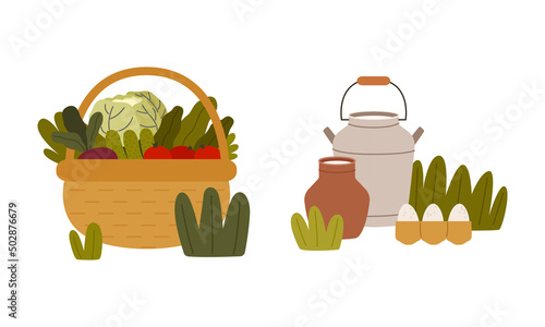 Ripe Vegetables in Basket and Milk in Jar as Seasonal Harvesting and Yield Vector Set