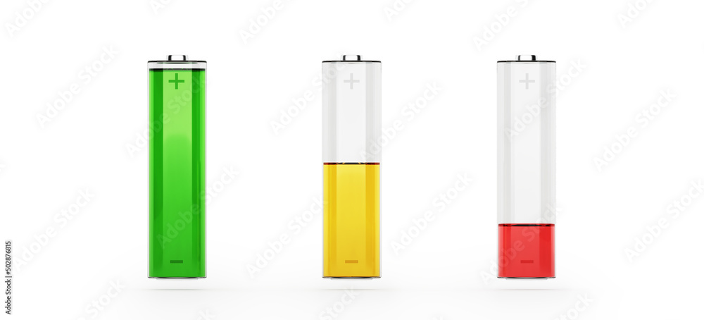 Battery positive and negative terminals 3 colors liquid green yellow red inside transparent batteries on white background. The battery is full and running out. Isolated clipping path. 3D Illustration. Battery positive and negative terminals 3 colors liquid green yellow red inside transparent batteries on white background. The battery is full and running out. Isolated clipping path. 3D Illustration.