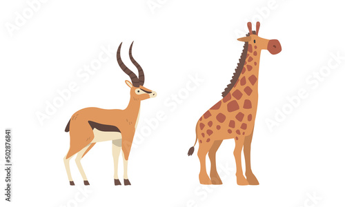 Antelope with Horns and Giraffe with Long Neck as Wild African Animal Living in Savannah