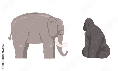 Grey Elephant with Trunk and Gorilla Monkey as Wild African Animal Living in Savannah Vector Set