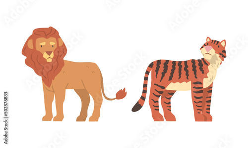 Lion with Mane and Striped Tiger as Wild African Animal Living in Savannah Vector Set
