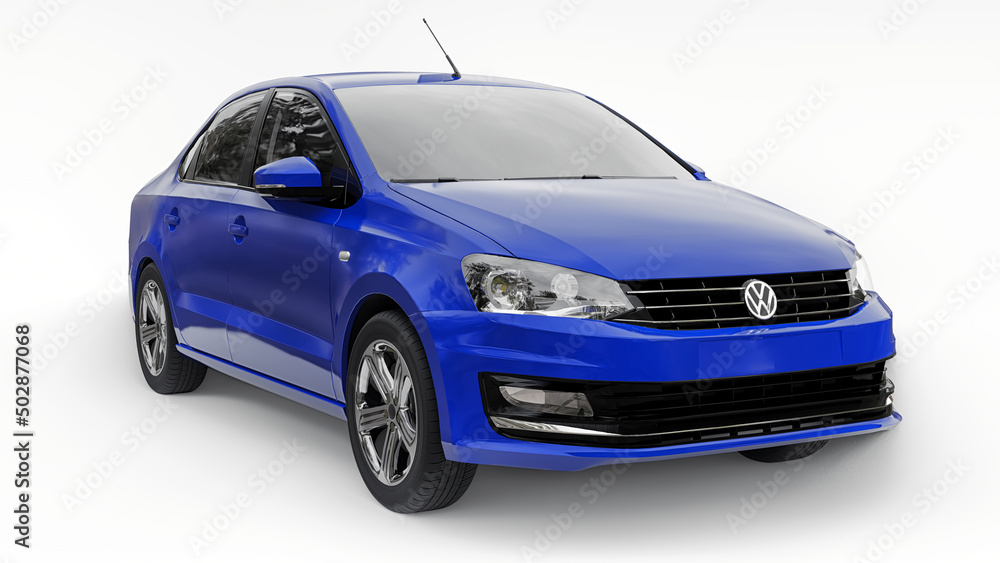 Paris, France.. July 7, 2021: Volkswagen Polo sedan blue compact city car  isolated on white background. 3d rendering. Stock Illustration | Adobe Stock