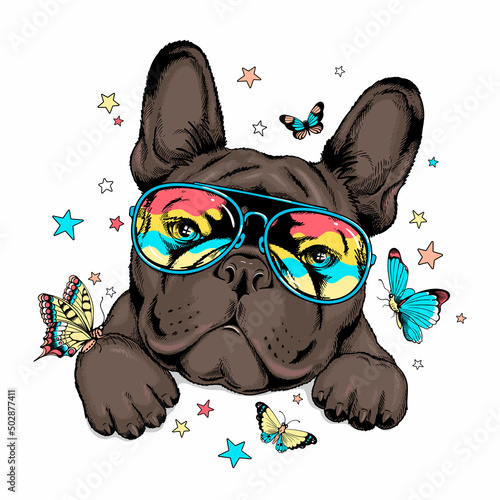 Cute french bulldog with butterflies.Summer illustration. Stylish image for printing on any surface