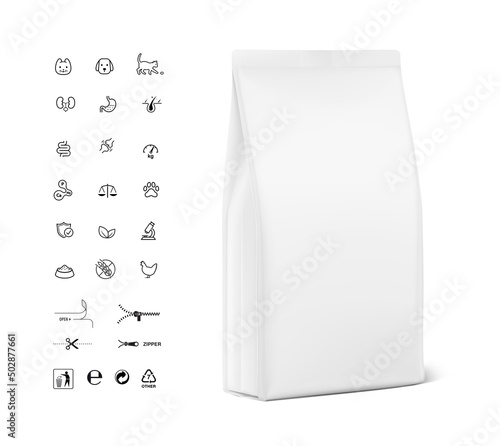 Stand bag mockup with icons. Vector illustration isolated on white background. Ready for your design. Suite for the presentation of pets and food, etc. EPS10.	