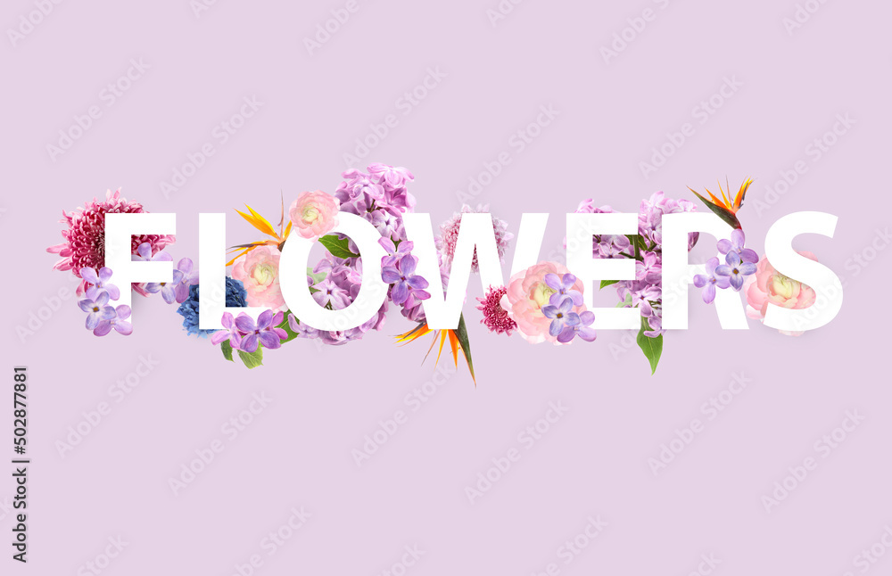 Word FLOWERS on lilac background