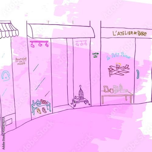 Paris street scene, shopping area, at day time, boutiques, restaurant and book shops, watercolor style, pastel colors, vector illustration