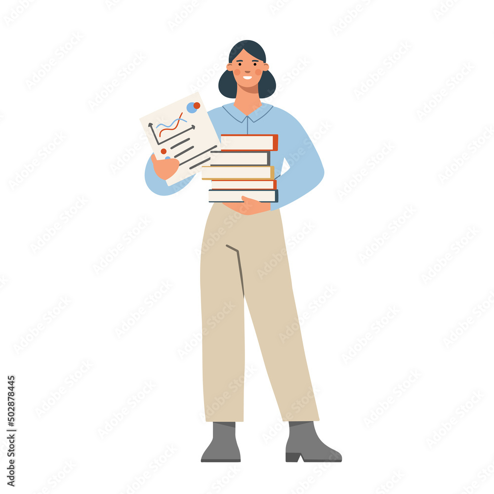Professional office worker is preparing for projects or presentation. Woman is very busy, she has a lot of work. Flat vector illustration on white background. Professional office worker is preparing for projects or presentation. Woman is very busy, she has a lot of work. Flat vector illustration on white background.