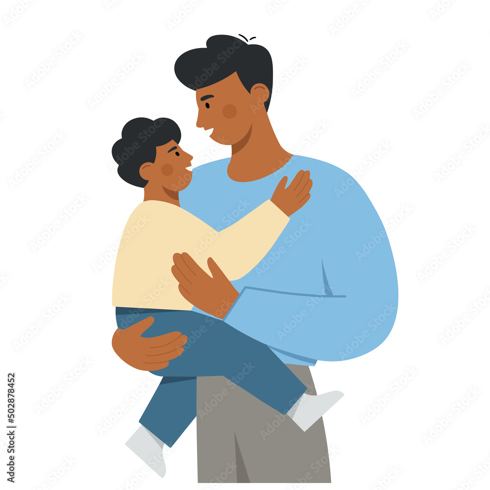Happy african american dad holds his cute baby in arms. Father and son spend time together. Father's day. Modern design for greeting card, poster, print. Flat vector illustration.