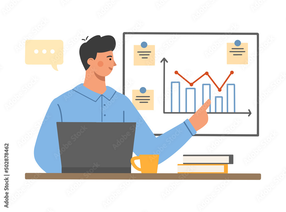 Businessman performs at a business meeting and shows a presentation on the board. Business presentation concept. Flat vector illustration on white background. Businessman performs at a business meeting and shows a presentation on the board. Business presentation concept. Flat vector illustration on white background.