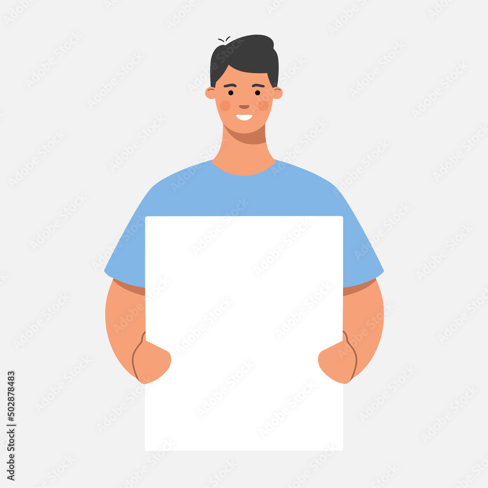 Man holding a white blank board, poster, banner. Business presentation, sale offer or advertising concept. Flat vector illustration. Man holding a white blank board, poster, banner. Business presentation, sale offer or advertising concept. Flat vector illustration.