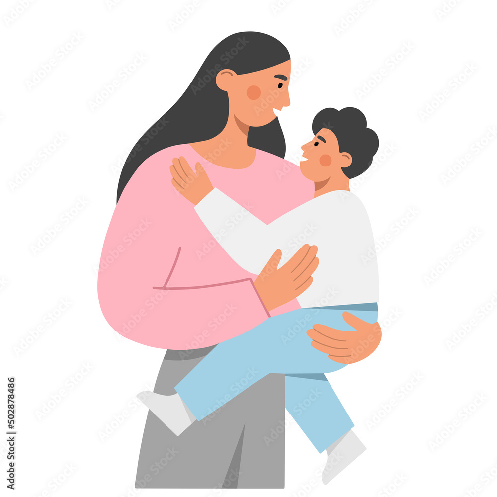 Obraz premium Mother and child. Beautiful woman holds her cute baby boy in arms. Happy Mother's day. Modern maternity. Design for greeting card, poster, web or print. Flat vector illustration.