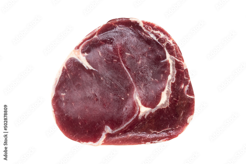 top view of raw ribeye steak isolated on white background top view of raw ribeye steak isolated on white background