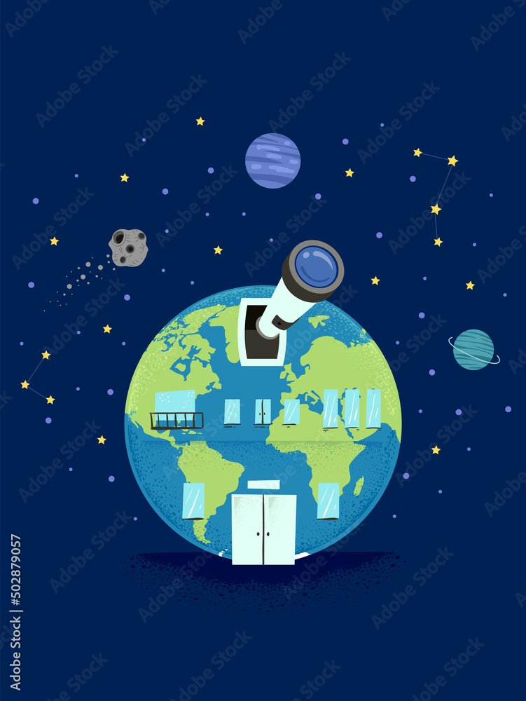 Earth Building Observatory Outer Space Illustration