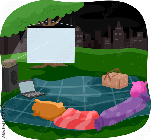 Night Picnic Watch Movie Projector Illustration