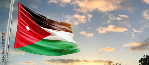 Jordan national flag cloth fabric waving on the sky - Image