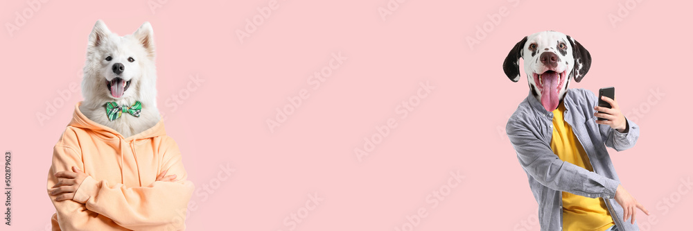 Cute dogs with human body on pink background with space for text - obrazy, fototapety, plakaty 