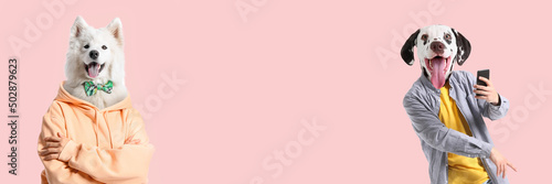 Foto Cute dogs with human body on pink background with space for text