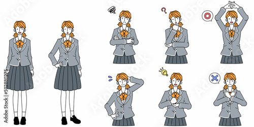 制服を着たティーンエイジャーの女の子の様々な表情のイラスト