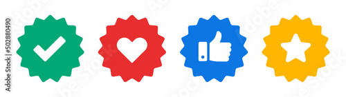 Check mark, favorite, like and star badge icon set template design. Sticker badge symbol vector illustration. photo