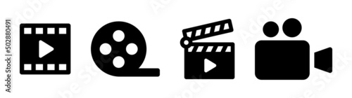 Cinema icon set. Containing Film Clapper, Camera, Film Reel, Video and filmstrip icon in outline design.