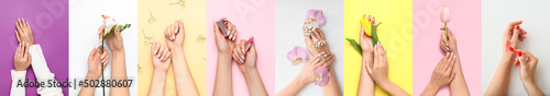 Fotografia Set of female hands with beautiful manicure and flowers on colorful background,