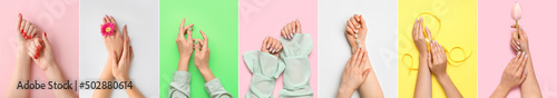 Fotografia Set of female hands with beautiful manicure on colorful background, top view