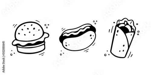 Hand drawn fast food icons. Sketch of snack elements. Fast food illustration in doodle style. Fast food collection.
