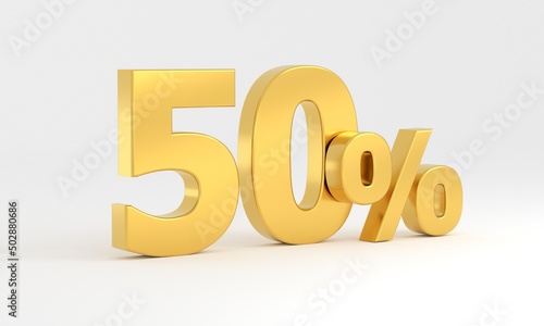 3d golden percent, Gold 50 percent isolated on white background