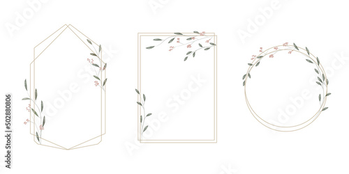 Set of frames in minimalistic, rustic and watercolor style. Geometric borders with watercolor branches, leaves and flowers. Modern frames for design wedding invitation and greeting card. Vector