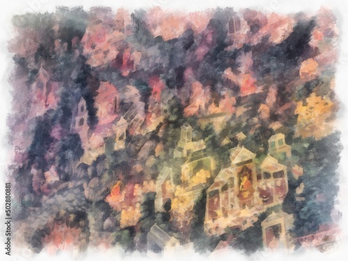 Landscape of ancient architecture and ancient art in Wat Suthat in Bangkok watercolor style illustration impressionist painting.