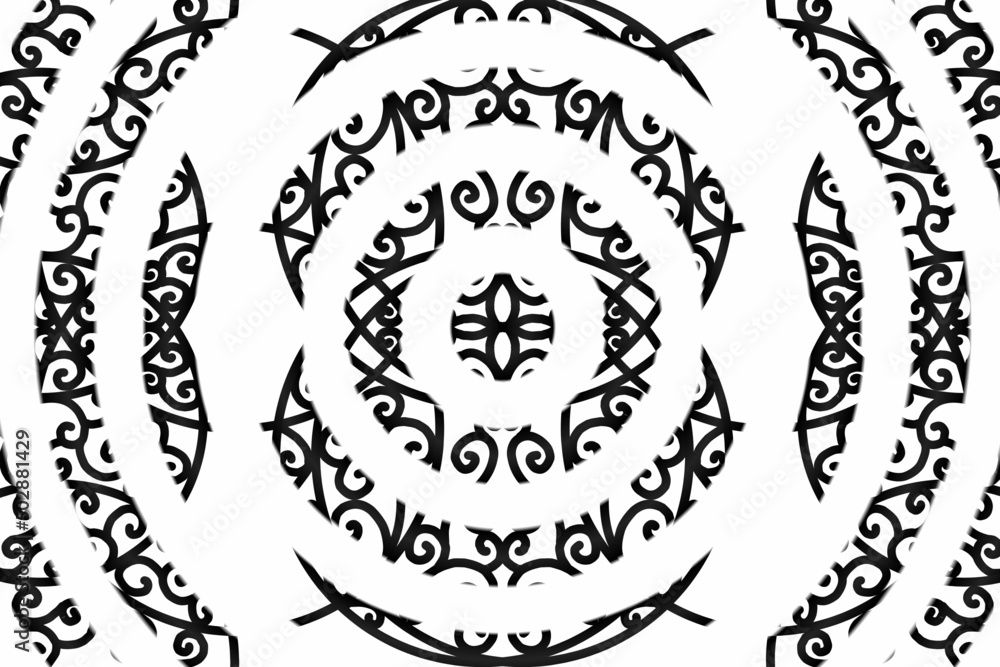 Fototapeta premium seamless luxurious Black and white caleidoscope gradient flower and leaf line art pattern of indonesian culture traditional tenun batik ethnic dayak ornament for wallpaper ads background 