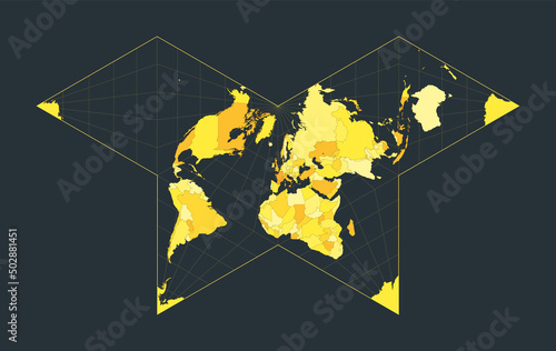 World Map. Collignon butterfly projection. Futuristic world illustration for your infographic. Bright yellow country colors. Trendy vector illustration.