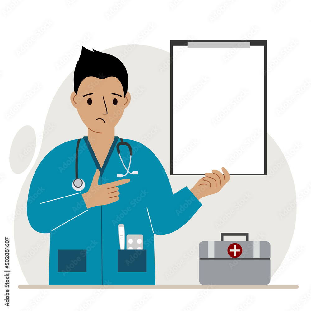 Sad man doctor holding a file with blank paper for text. Vector Sad man doctor holding a file with blank paper for text. Vector