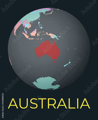 World map centered to Australia. Red country highlighted. Satellite world view centered to country with name. Vector Illustration.