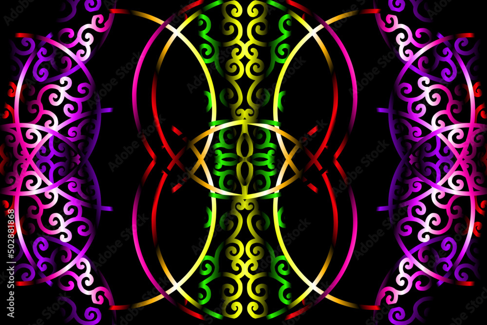 Obraz premium seamless luxurious purple red green caleidoscope gradient flower and leaf line art pattern of indonesian culture traditional tenun batik ethnic dayak ornament for wallpaper ads background 
